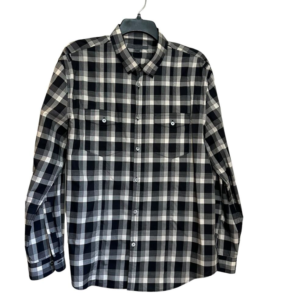 John Varvatos Black & Cream Plaid Long Sleeve Button Down Casual Shirt sz L EUC